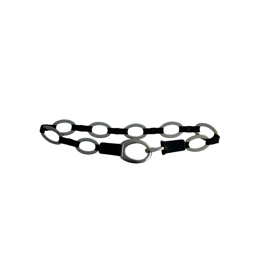 Suzi Roher Oval Chain Link Belt Women's M/L Black Silver Leather Elastic Boho